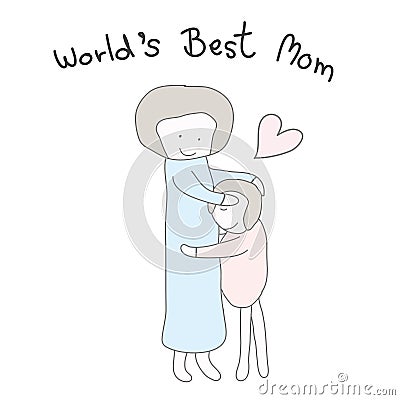 Mom hug children with heart pastel color hand drawn with word wo Vector Illustration