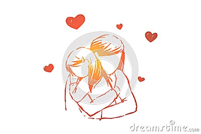 Mom hugs daughter, young woman and little girl embrace, faceless parent, happy motherhood, mother day Vector Illustration