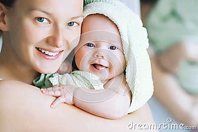 Cutest baby after bath with towel on head. Stock Photo