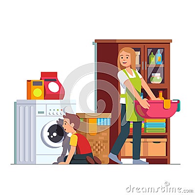 Mom and kid doing housework at home laundry room Vector Illustration