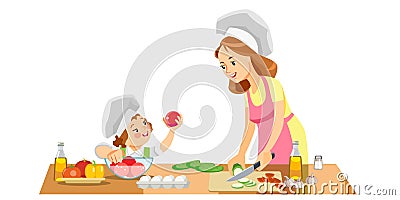 Mom and kid girl preparing healthy food at home. Concept motherhood child-rearing. Mother`s day holiday concept Vector Illustration
