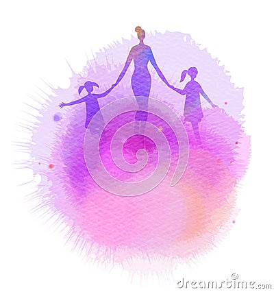 Mom with kids running silhouette plus abstract watercolor painted. Mother and children exercise. Health care concept. Digital art Stock Photo