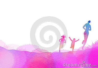 Mom with kids running silhouette plus abstract watercolor painted. Mother and children exercise. Health care concept. Digital art Stock Photo