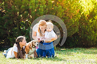 Mom with kids on a walk Stock Photo