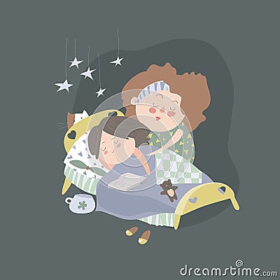 Mom kisses daughter at bedtime Vector Illustration