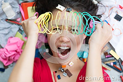 Frustrated stressed busy mother in a messy home. Screaming Stock Photo