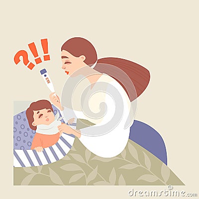 Mom measures the temperature of her sick baby lying in bed Vector Illustration
