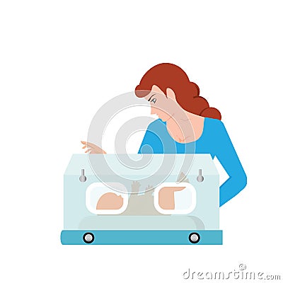 Mom or nurse look at baby in incubator. Vector Illustration