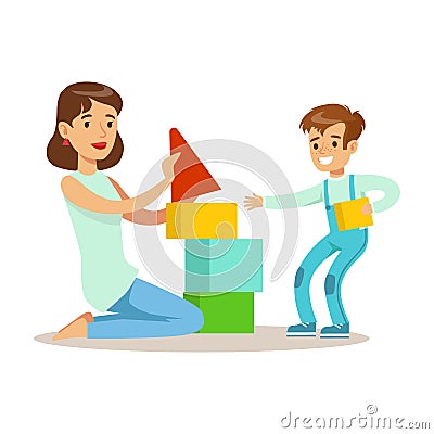 Mom Playing Blocks With Her Son, Loving Mother Enjoying Good Quality Mommy Time With Happy Kid Vector Illustration