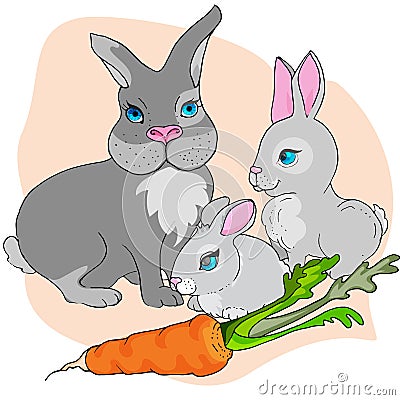 Mom rabbit and cute bunnies.three rabbits and a carrot Cartoon Illustration