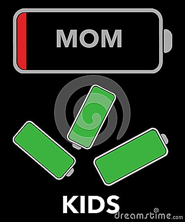 Mom's battery is almost drained to zero while the kids she is caring for are all charged up Cartoon Illustration