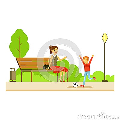 Mom Sitting On The Bench Wathing Her Son Playing Football, Part Of People In The Park Activities Series Vector Illustration