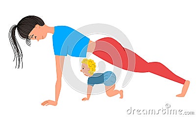 Mom and son do yoga, do the plank pose on straight arms. Vector Illustration