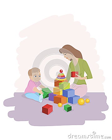 Mom with son playing cubes Vector Illustration