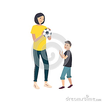 Mom and son playing football or soccer. Mother and boy child performing sports game activity. Cute cartoon characters Vector Illustration