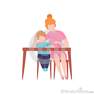 Mom and Son Sitting at Desk, Young Woman Teaching Preschooler Boy to Write Vector Illustration Vector Illustration