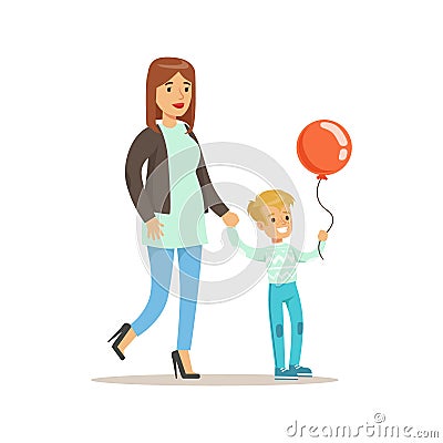 Mom And Son Walking Outdoors, Loving Mother Enjoying Good Quality Mommy Time With Happy Kid Vector Illustration