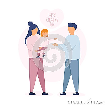 Mom standing and holding little daughter on her arms. Vector Illustration