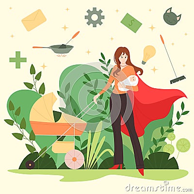 Mom superhero, mommy hero wearing costume and red cape of superheroine carrying baby kid Vector Illustration