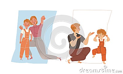 Mom Talking to Her Son and Dad Shouting at Crying Kid as Bad and Good Relationship Between Parent and Little Child Vector Illustration