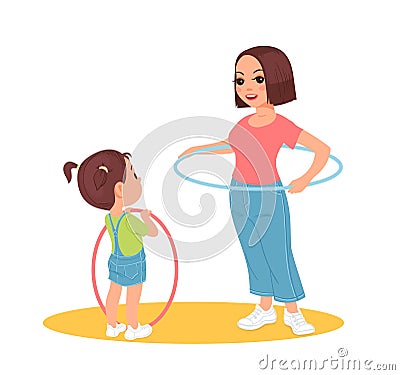 Mom teaches daughter how to twist hoop around waist. Girl learning sport exercise. Mother and kid training together Vector Illustration