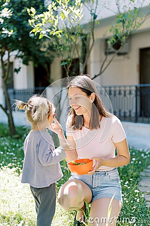 Mom treats little girl with strawberries while squatting with a bowl in the garden Stock Photo