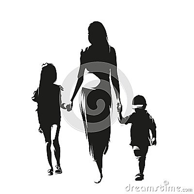 Mom walking with the kids and holding hands. Mother with daughter and son. Isolated vector silhouette, ink drawing, front view Vector Illustration