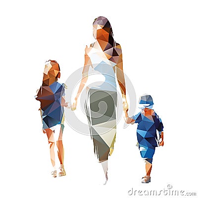 Mom walking with the kids and holding hands. Mother with daughter and son. Isolated vector silhouette, low polygonal drawing from Vector Illustration