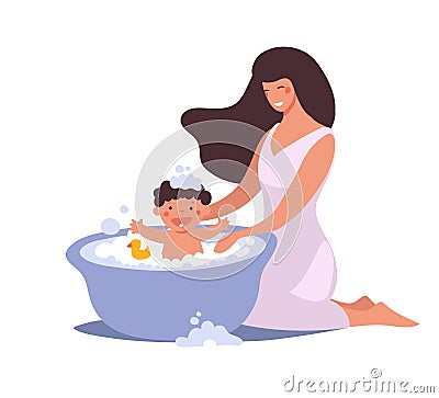 Mom washes the baby in the bathroom. The kid bathes and washes with foam, bubbles and duck. Flat cartoon vector Vector Illustration