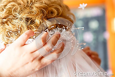 Mom wears daughter`s wedding veil Stock Photo