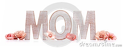 MOM wooden letters with paper flowers isolated on white Stock Photo