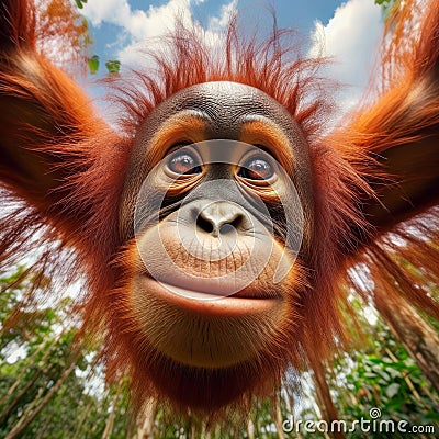 Baby orang-utan peers into viewpoint, in unique portrait Stock Photo