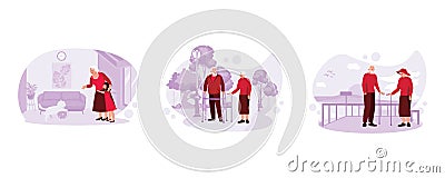 The moment the grandson hugs Grandma and plays with the cat. Portrait of an elderly couple walking with walkers in the park. Cartoon Illustration