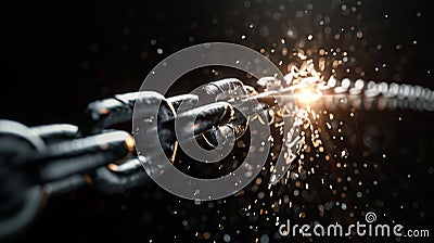 The moment of rupture in rusty metal chains, sparks scattered, symbolizing release and the breaking of constraints Stock Photo