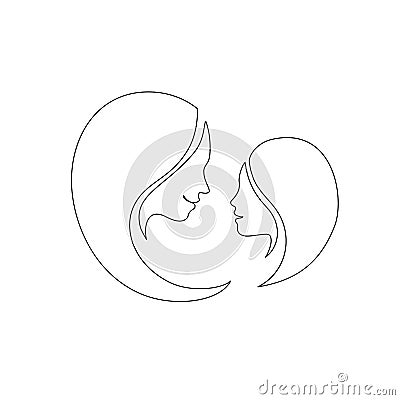 Mommy little kid line drawing. Abstract family continuous line art. Mom hugging her daughter Vector Illustration