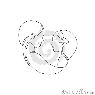 Mommy little kid line drawing. Abstract family continuous line art. Mom hugging her daughter Vector Illustration