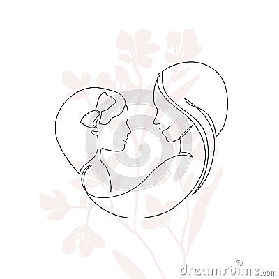 Mommy little kid line drawing. Abstract family continuous line art. Mom hugging her daughter Vector Illustration