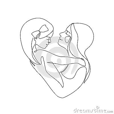 Mommy little kid line drawing. Abstract family continuous line art. Mom hugging her daughter Vector Illustration