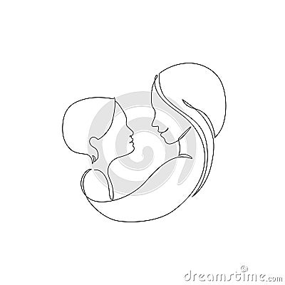 Mommy little kid line drawing. Abstract family continuous line art. Young mom hugging her son Vector Illustration