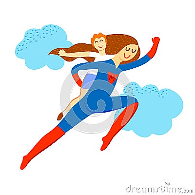 Mommy superhero with baby flies up to the sky. Vector Illustration