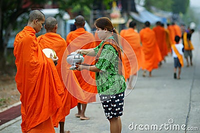 Mon buddhist monks collecting alms Editorial Stock Photo