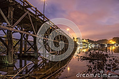 Mon Wood Bridge at Dawn in Thailand Stock Photo