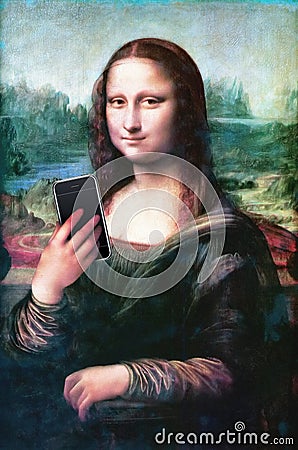 Mona Lisa Cell Phone Selfie, Funny Stock Photo