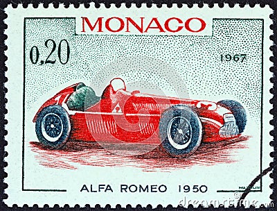 MONACO - CIRCA 1967: A stamp printed in Monaco shows Alfa Romeo Grand Prix racing car of 1950, winner of Monaco Grand Prix Editorial Stock Photo