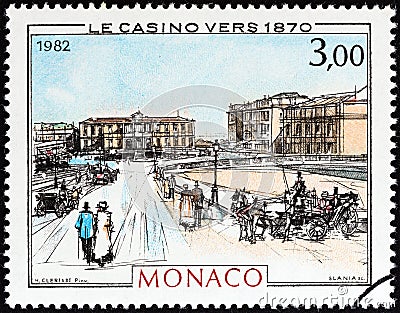MONACO - CIRCA 1982: A stamp printed in Monaco shows Casino, 1870, circa 1982. Editorial Stock Photo