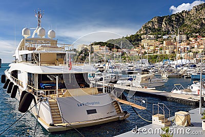 Monaco, Monte Carlo - January 28, 2020: Principality of Monako. View of seaport with yachts and speedboats Editorial Stock Photo