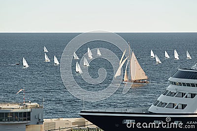 Monaco, Monte Carlo, 13 November 2022: A lot of sail boats and yachts in the sea went on a sailing trip near port Editorial Stock Photo