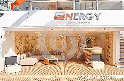 Monaco, Monte Carlo, 29 September 2022 - Close-up view of a relaxation area on the open teak deck of an expensive mega Editorial Stock Photo