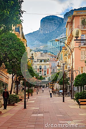 Pedestrian Street Rue Princess Caroline full of cafes and restaurants in Monaco-Ville Monaco Editorial Stock Photo