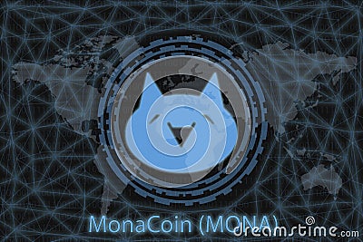 MonaCoin MONA Abstract Cryptocurrency. With a dark background and a world map. Graphic concept for your design Stock Photo